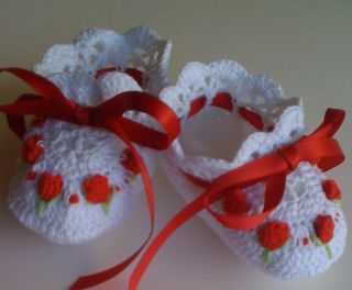 White Red Crochet Baby Booties Reborn Doll Rosebuds