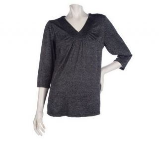 Susan Graver Metallic Knit 3/4 Sleeve V Neck Top with Shirring
