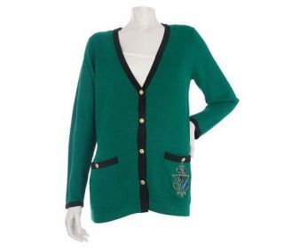 Bob Mackies Embroidered Pocket Cardigan with Contrast Trim —