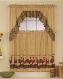 Country ROOSTER Sunflower Tier & Swag Kitchen Window Curtains Tan