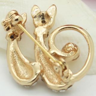 Cute Ladies 18K Gold Plated Couple Cat Clear Crystals Pin Brooch