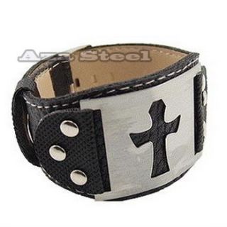 Mens Wide Stainless Steel PU Leather Cross Bracelet 8 9 VB 02