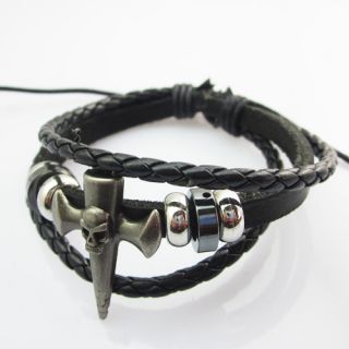 Stylish Hemp Leather Handmade Cross Skull Black Bracelet Wristband