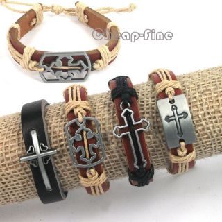  4pcs Fashion Mixed Cross Charms Genuine Leather Bracelets
