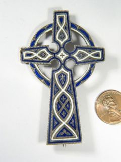 Antique Scottish Silver Enamel Celtic Cross Brooch Pin