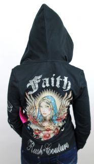 New Rush Couture Womens Premium Jersey Shore Hoodie Shirt Faith Black