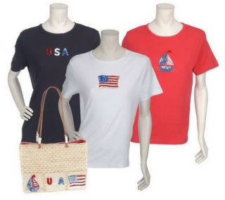 Quacker Factory Set of 3 Sequins & Beads T shirts with Straw Bag