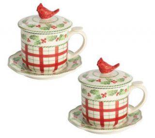 Set of 2 Holly & Plaid Teacups with Lids & Saucers by Valerie