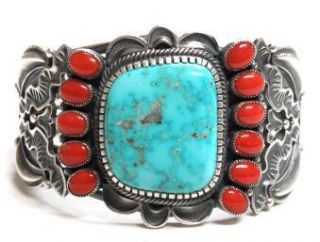 Kirk Smith Coral & Turq Cluster Cuff Incredible Silver