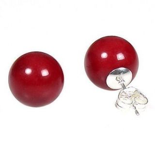 12mm Ital Red Coral Ball Stud Earrings 14k White Gold