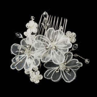 White or Ivory Silver Crystal Organza Flower Bridal Hair Comb