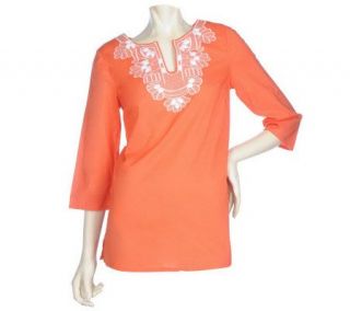 Dennis Basso Cotton Voile 3/4 Sleeve Shirt with Embellishment