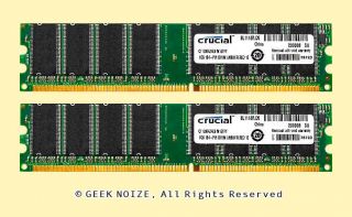   Crucial 2GB 2x 1GB PC3200U Low Density DDR 400 NonECC 184pin Memory