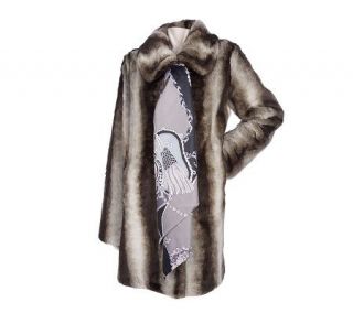 Dennis Basso Dark Grey Chinchilla Faux Fur Coat w/Printed Scarf