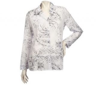 Susan Graver Cotton Voile Button Front Long Sleeve Printed Shirt