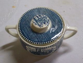 Royal China Currier & Ives Blue Sugar Bowl with Lid Steamboat