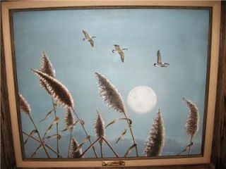 Signed Oil on Canvas Moonlight Flight Ducks E Culbertson