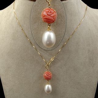  Natural Coral Teardrop FW Pearl Solid 18K Yellow Gold Necklaces