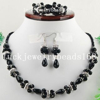 Black Crystal Drop Necklace Bracelet Earrings Set FG3906