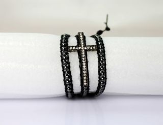  Hematite Beads Crystal Stone Cross Charm Leather Wrap Bracelet