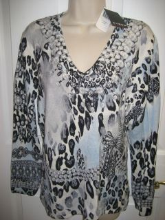 Cyrus Womens Medium XL Leopard Lux Animal Print Pale Blue Knit Sweater