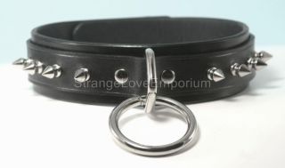 Lockable Black Leather Collar with Spikes and a large Ring and Dee