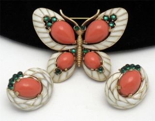 Crown Trifari Vintage LOrient Butterfly Brooch Earring Set Lucite