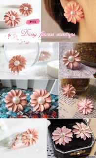 New Lovely Cute Pink Daisy Flower with Pearl Stud Earrings