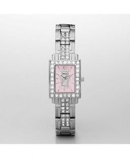  Tone s Steel Square Pink Dial Crystal Womens Watch ZR11838 New