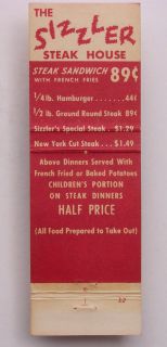 1960s Matchbook Sizzler Steak House Culver City CA MB