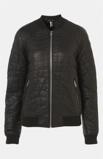 Topshop Croc Quilted Leather Baseball Jacket
