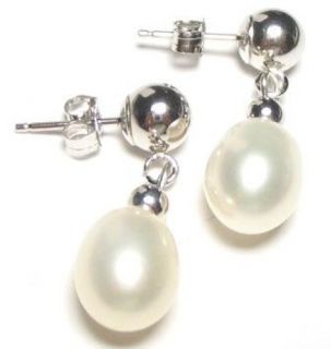 aaa white pearl 14k white gold dangle post earrings