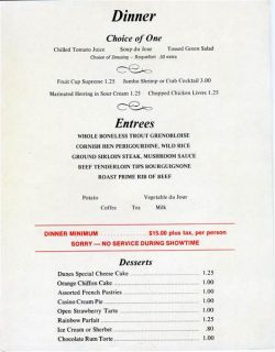 Danny Thomas Dinner Show Menu Dunes Hotel Las Vegas Manuela 1970S