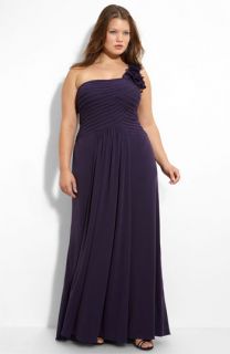 JS Collections One Shoulder Mesh & Jersey Gown (Plus)