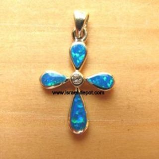 925 Silver Cross Blue Fire Opal Pendant Cristianity