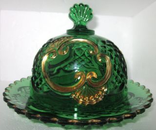  1897 Riverside Glass Works CROESUS Emerald Green Dome Butter Dish