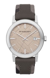 Burberry Check Stamped Leather Strap Watch