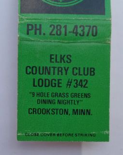  Matchbook BPOE Elks Country Club Lodge 342 Crookston MN Polk Co