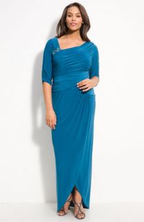 Adrianna Papell Jersey Gown with Jeweled Brooch (Plus)