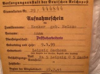 Germany WW2 1941 Aufnahmeichein Admission Document Heinze Hecker