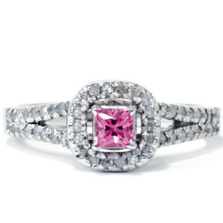 90ct Princess Cut Pink Sapphire Halo Diamond Split Shank Engagement