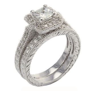 Princess Cubic Zirconia Sterling Silver 925 Wedding Ring Set Sz 5 9