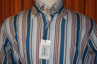 David Saddler Long Sleeve Blue Brown Tan Cotton Stripe Button Down