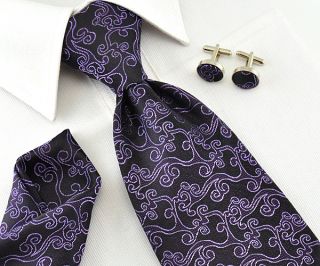   Jacquard Woven silk Mens Tie Floral necktie set Cufflinks Purple 149