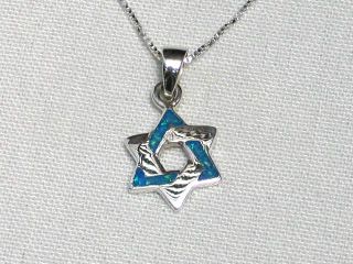 Star of David Blue Opal Pendant Necklace & 925 Silver Magen Israel