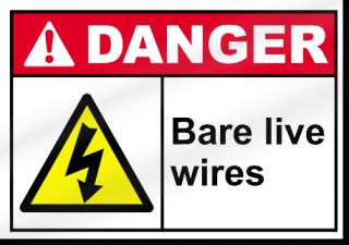 inches tall this safety sign reads bare live wires danger