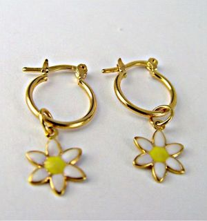 Gold 18K GF Earrings Hoop Daisy Flower White Yellow Enamel Kids Girl