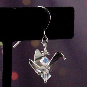 Origami Style Crane Earrings Made with Swarovski Crystals Sterling