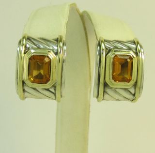 David Yurman Silver 14k Gold Citrine Earrings Cigar Band Classic Cable