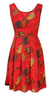 Red Botanical Print Sleeveless Day Dress Mariette Size 14 New